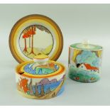 THREE CLARICE CLIFF ITEMS comprising 'Forest Glen' preserve jar & cover, 7.5cms high; 'Coral Firs'