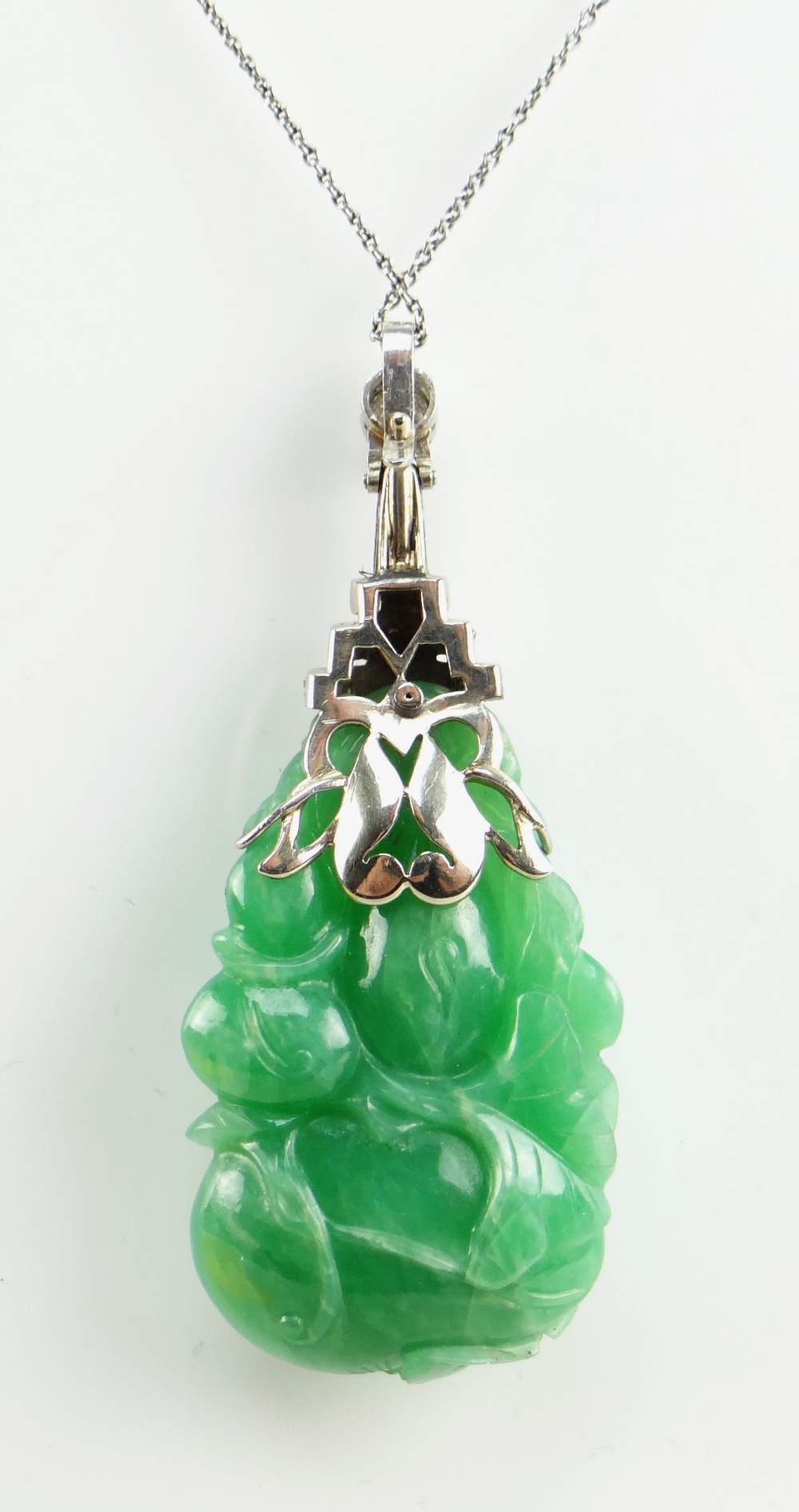 CARVED CHINESE JADEITE LEAFY GOURD PENDANT, later mounted with three rows of tiny diamonds and two - Image 2 of 16