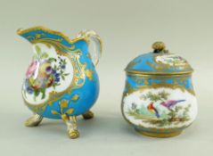 SEVRES-STYLE PORCELAIN BLEU CELESTE MILK JUG & CHOCOLATE CUP, 19th Century or later, jug decorated