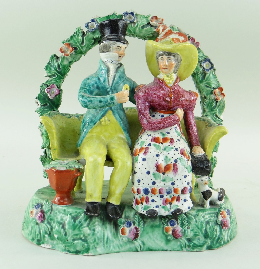 19TH CENTURY SHERRATT TYPE STAFFORDSHIRE PEARLWARE FIGURAL GROUP, 'The Proposal' or 'Courtship', - Image 2 of 4