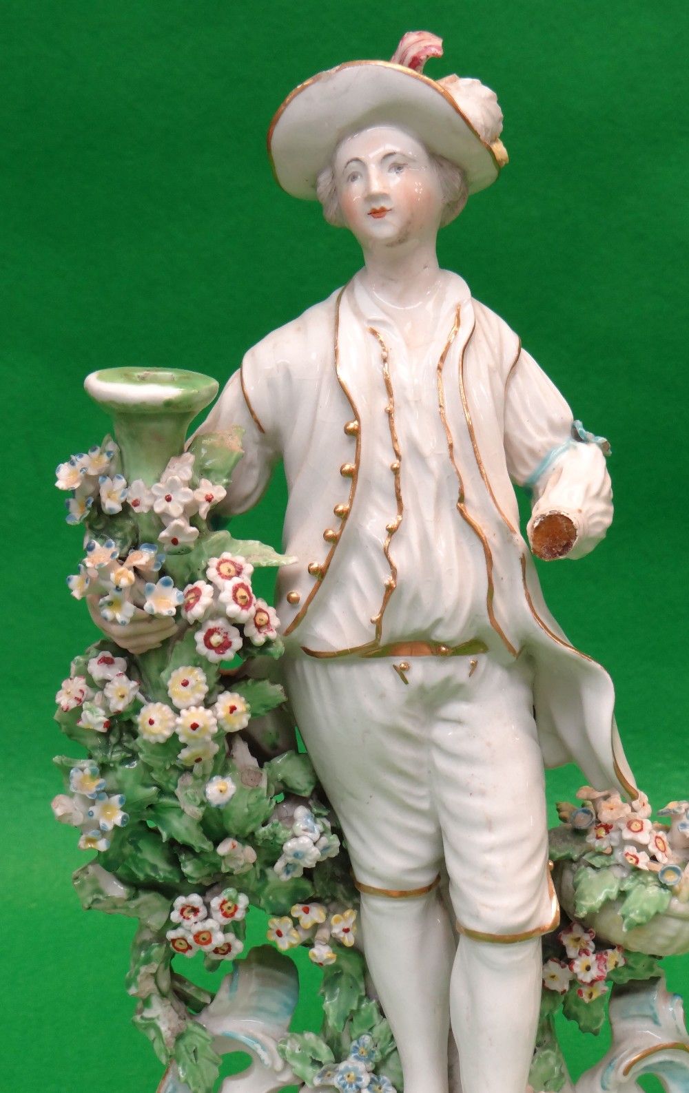 PAIR LATE 18TH CENTURY PORCELAIN CANDLESTICK FIGURES, probably Chelsea-Derby c. 1770, she holding - Image 5 of 7