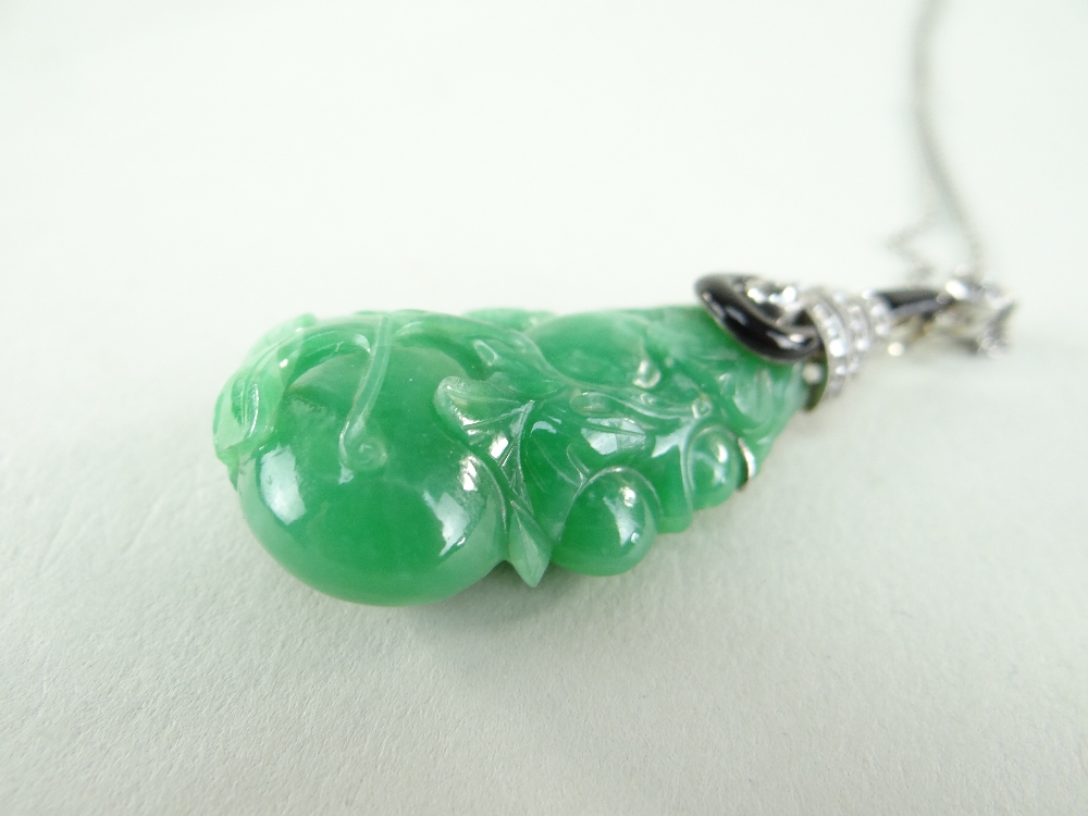 CARVED CHINESE JADEITE LEAFY GOURD PENDANT, later mounted with three rows of tiny diamonds and two - Image 4 of 16