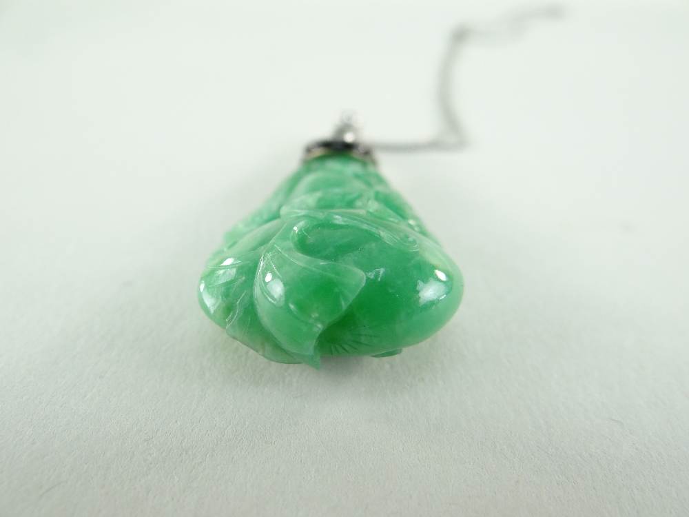 CARVED CHINESE JADEITE LEAFY GOURD PENDANT, later mounted with three rows of tiny diamonds and two - Image 5 of 16