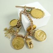 9CT GOLD CURB LINK T-BAR ALBERT CHAIN having various attachments including three gold sovereigns