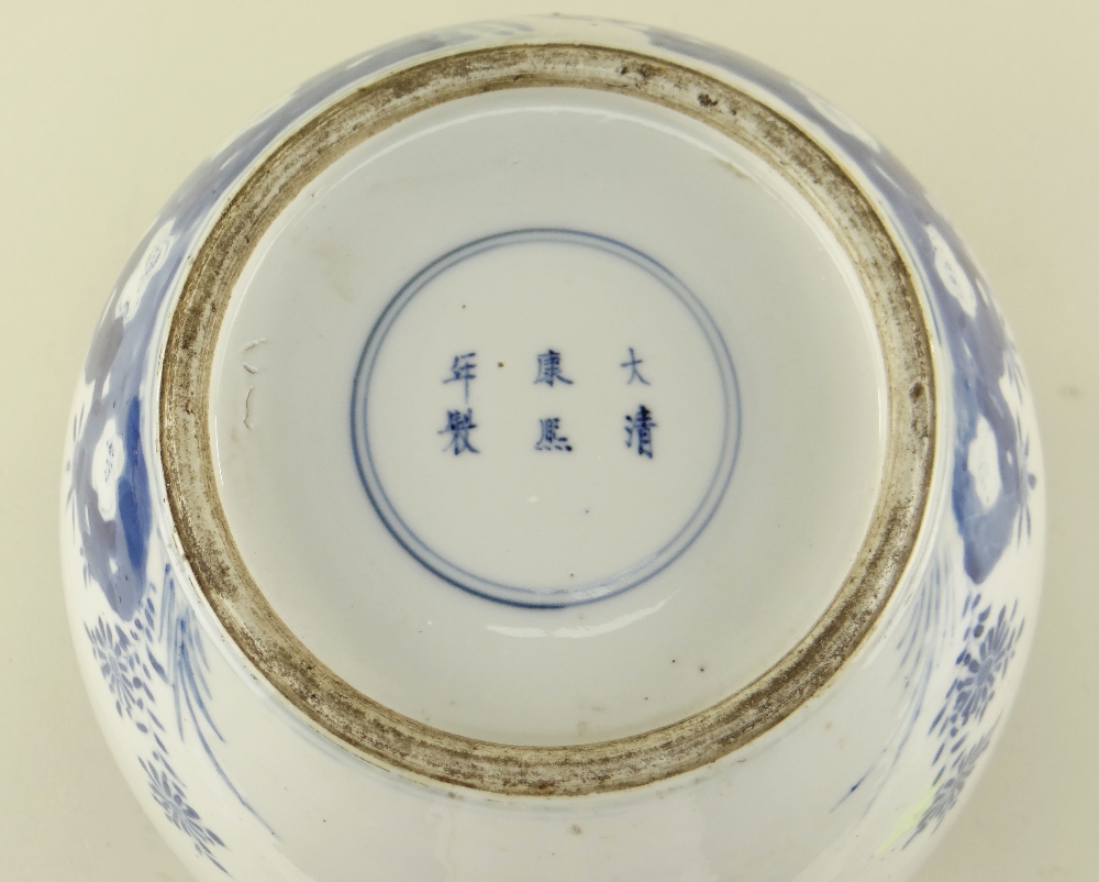 CHINESE BLUE & WHITE PORCELAIN JAR, Kangxi mark but later, painted with a long-tailed pheasant on - Image 6 of 6
