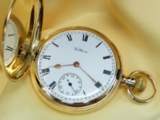 WALTHAM 18CT GOLD FULL HUNTER POCKET WATCH, the white enamel dial having Roman numeral chapter