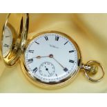 WALTHAM 18CT GOLD FULL HUNTER POCKET WATCH, the white enamel dial having Roman numeral chapter