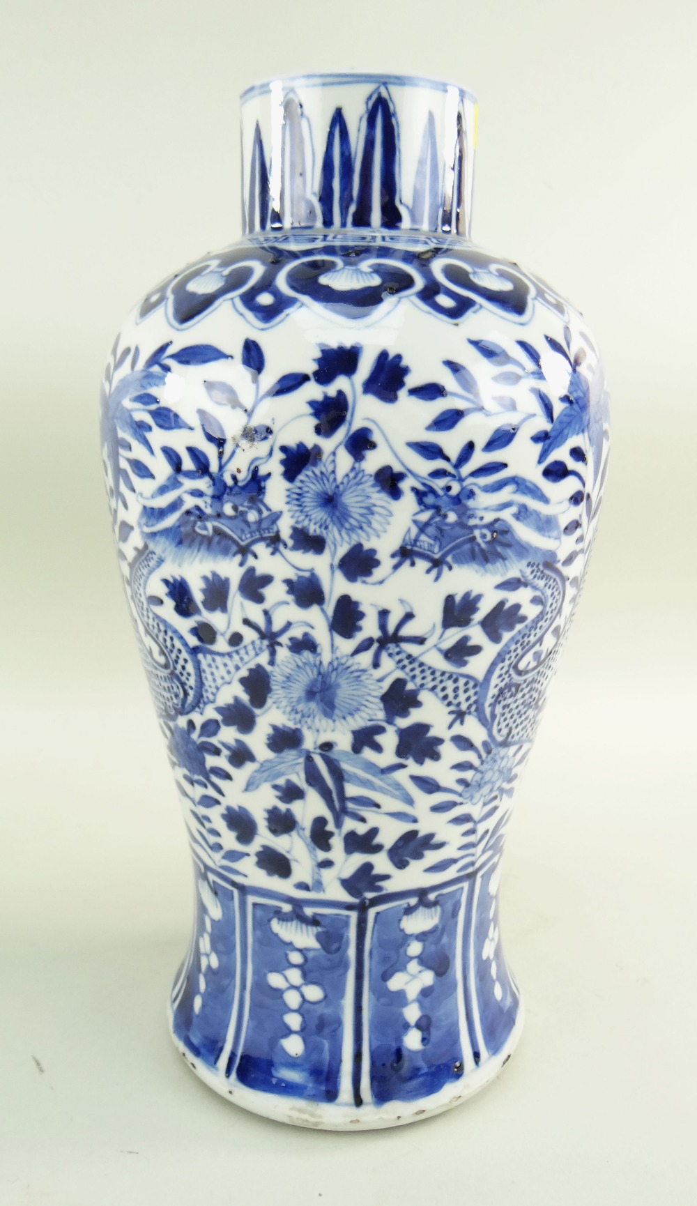 PAIR OF CHINESE BLUE & WHITE PORCELAIN VASES, Kangxi mark but later, baluster form with straight - Image 2 of 6