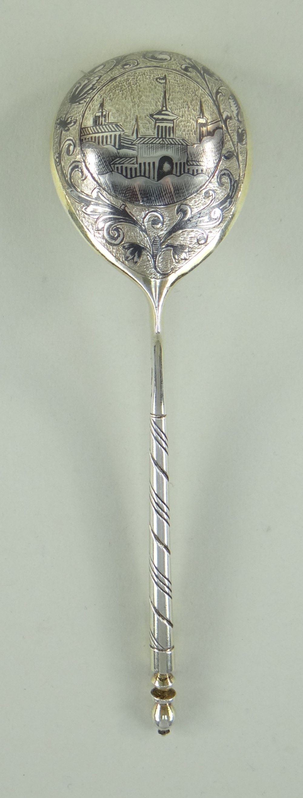 RUSSIAN SILVER GILT & NIELLO SPOON, Moscow 1844, makers mark AK, bowl engraved with an architectural