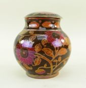 ZSOLNAY PECS FLAMBE LUSTRE JAR & COVER, c. 1924-1970, painted with sunflowers in puce and orange