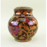 ZSOLNAY PECS FLAMBE LUSTRE JAR & COVER, c. 1924-1970, painted with sunflowers in puce and orange