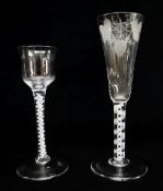 TWO GEORGIAN GLASSES, comprising an ale glass with flute moulded funnel bowl engraved with hops