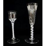 TWO GEORGIAN GLASSES, comprising an ale glass with flute moulded funnel bowl engraved with hops