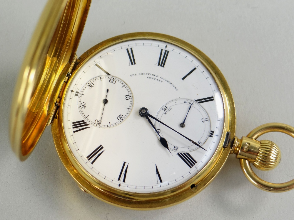 FINE VICTORIAN SHEFFIELD GOLDSMITHS CO. 18CT GOLD FULL HUNTER POCKET WATCH, by Victor Kullberg