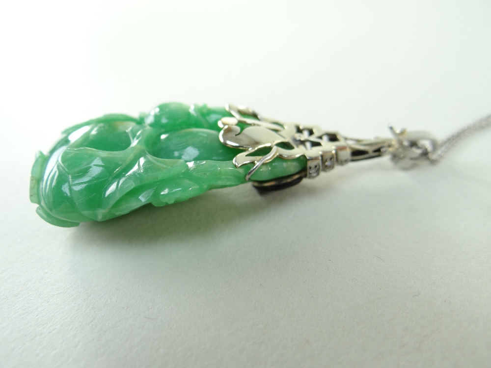 CARVED CHINESE JADEITE LEAFY GOURD PENDANT, later mounted with three rows of tiny diamonds and two - Image 14 of 16