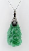 CARVED CHINESE JADEITE LEAFY GOURD PENDANT, later mounted with three rows of tiny diamonds and two