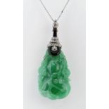 CARVED CHINESE JADEITE LEAFY GOURD PENDANT, later mounted with three rows of tiny diamonds and two