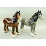 TWO BESWICK 818 SHIRE HORSES, rocking horse grey and brown, both early unmarked models with holes to