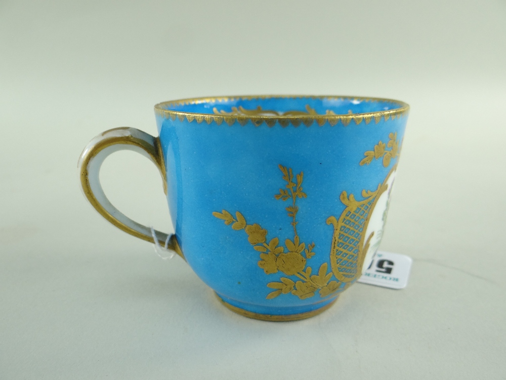 TWO SEVRES-STYLE PORCELAIN BLEU CELESTE TEA CUPS AND SAUCERS, 19th Century or later, decorated - Image 41 of 45