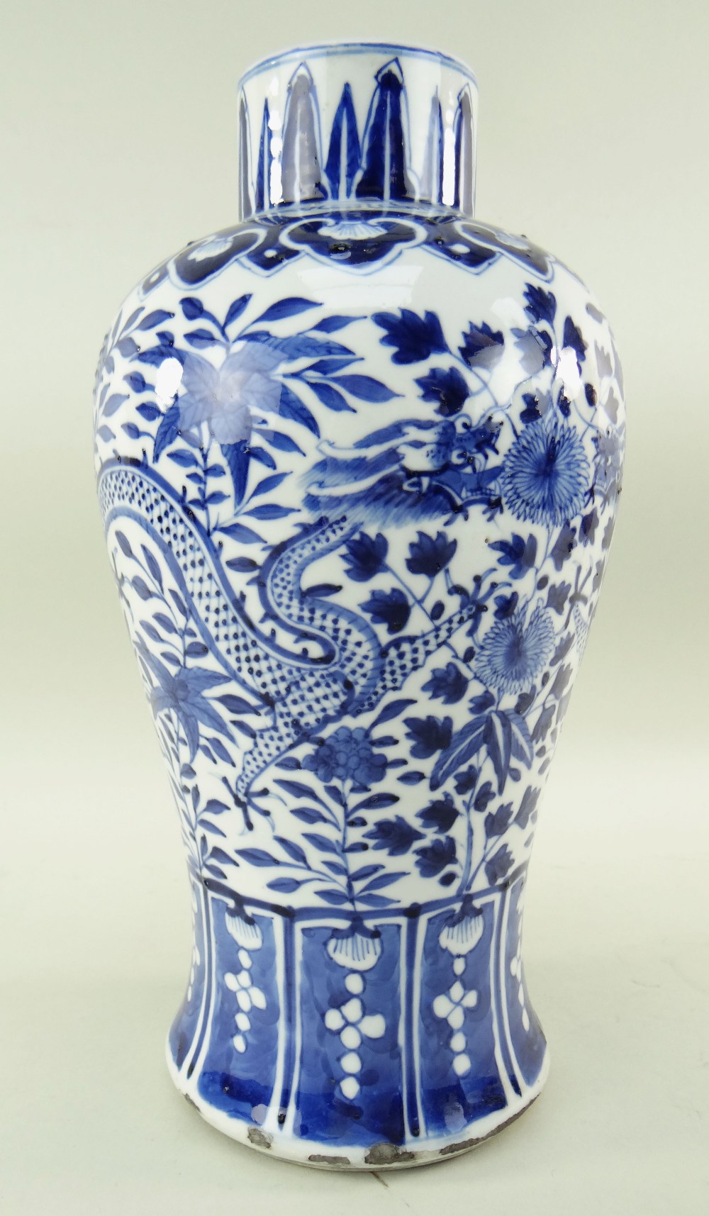 PAIR OF CHINESE BLUE & WHITE PORCELAIN VASES, Kangxi mark but later, baluster form with straight - Image 4 of 6