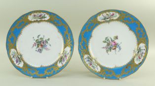 TWO SEVRES-STYLE BLEU CELESTE PORCELAIN PLATES, 19th Century, centres painted with sprays of flowers
