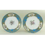 TWO SEVRES-STYLE BLEU CELESTE PORCELAIN PLATES, 19th Century, centres painted with sprays of flowers