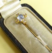 CASED MOONSTONE & DIAMOND STICK PIN, yellow metal set, in original vintage box marked 'Mrs.