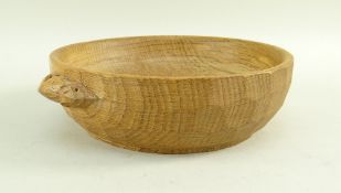 ROBERT 'MOUSEMAN' THOMPSON OAK NUT BOWL, adzed outside with 'signature' mouse carved in relief,