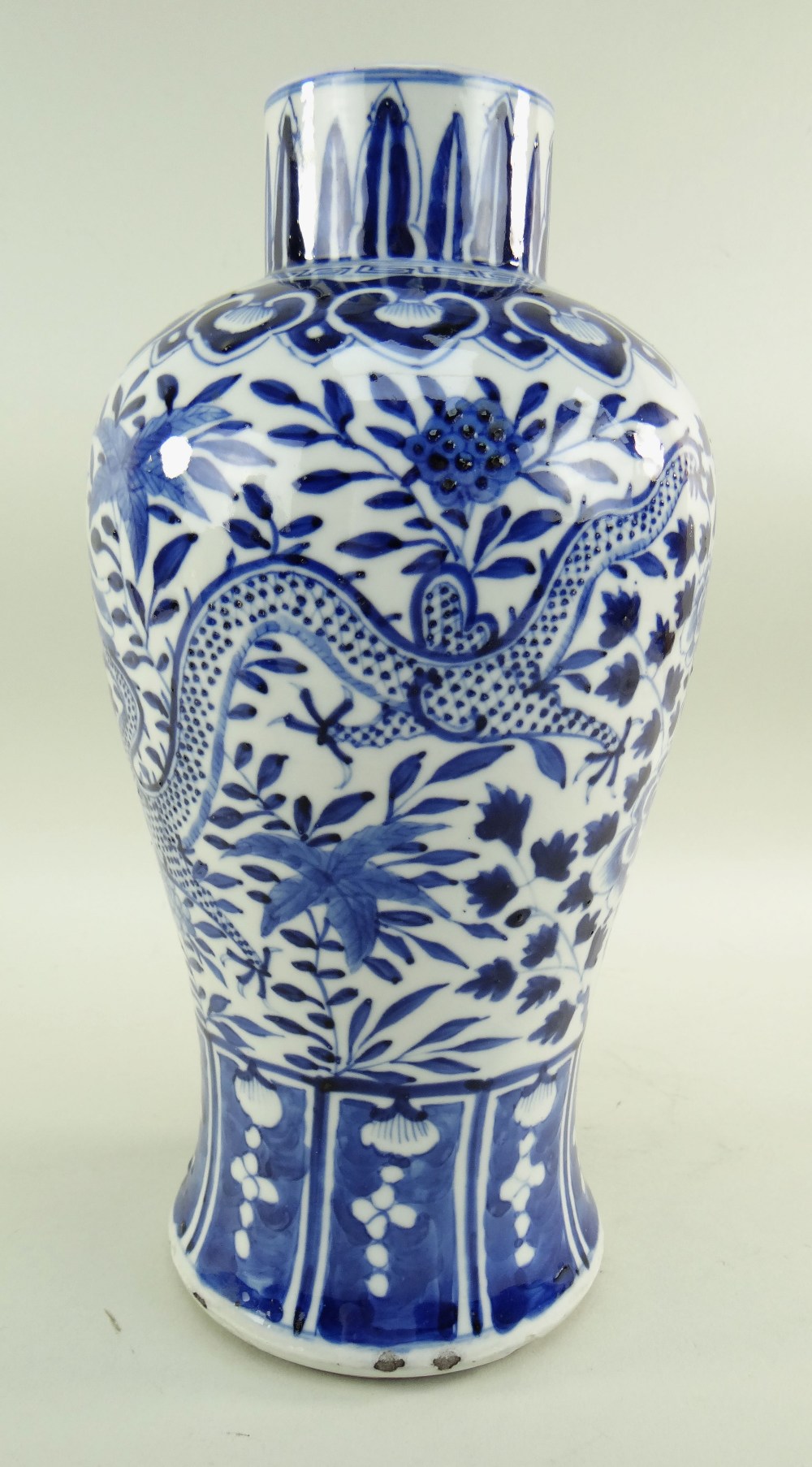PAIR OF CHINESE BLUE & WHITE PORCELAIN VASES, Kangxi mark but later, baluster form with straight - Image 3 of 6