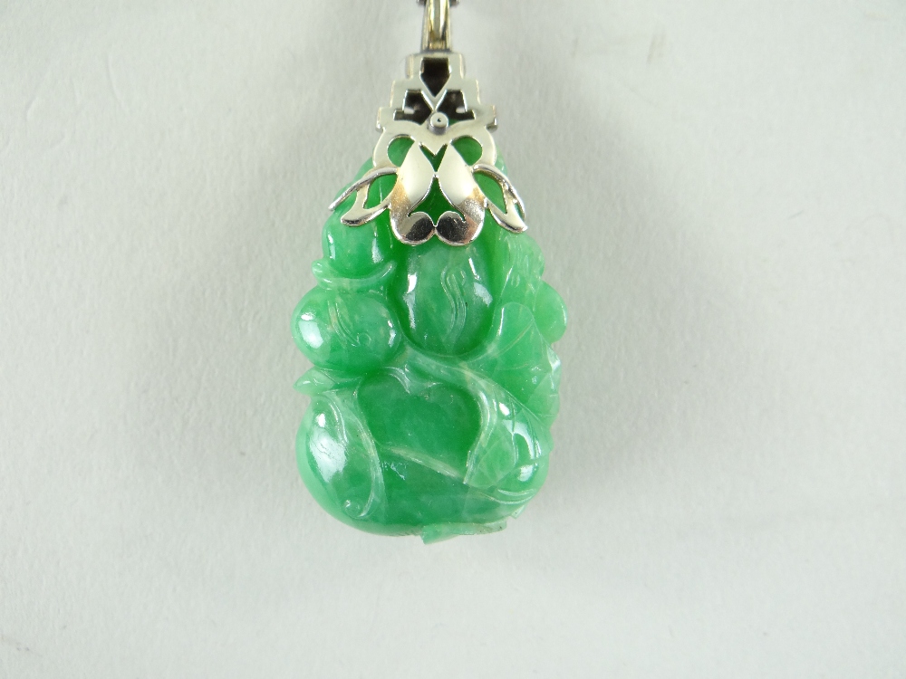 CARVED CHINESE JADEITE LEAFY GOURD PENDANT, later mounted with three rows of tiny diamonds and two - Image 12 of 16