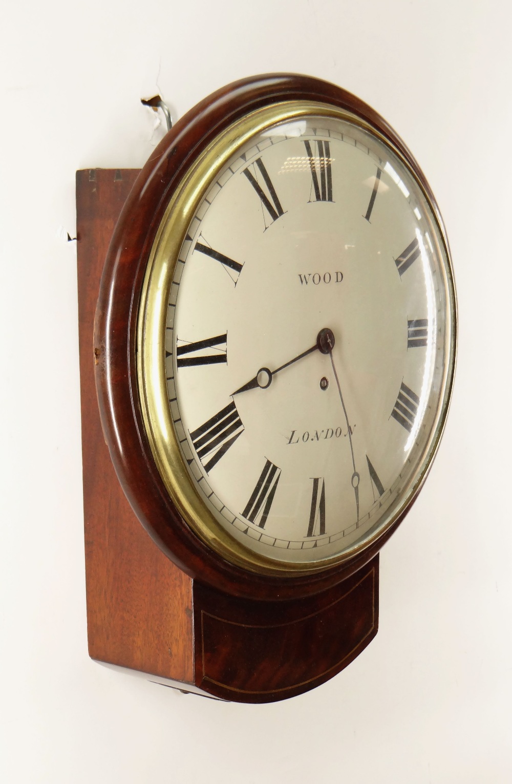 19TH CENTURY MAHOGANY & BRASS STRUNG DROP DIAL CLOCK, Wood, London, 30cms, signed and painted Roman, - Image 2 of 2