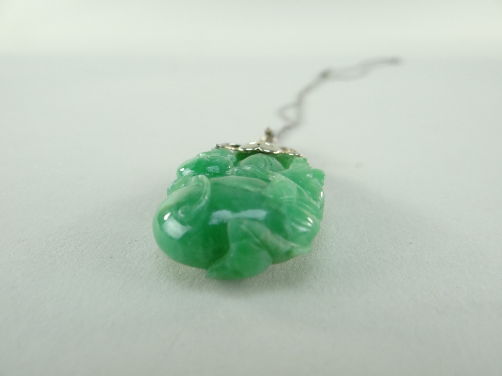 CARVED CHINESE JADEITE LEAFY GOURD PENDANT, later mounted with three rows of tiny diamonds and two - Image 9 of 16