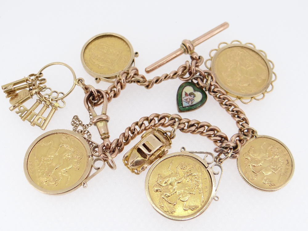9CT GOLD CURB LINK T-BAR ALBERT CHAIN having various attachments including three gold sovereigns - Image 2 of 2