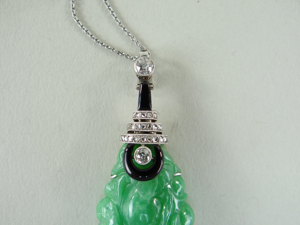 CARVED CHINESE JADEITE LEAFY GOURD PENDANT, later mounted with three rows of tiny diamonds and two - Image 8 of 16