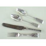 GROUP MID-19TH CENTURY RUSSIAN ENGRAVED SILVER FLATWARE, various makers and dates, including a