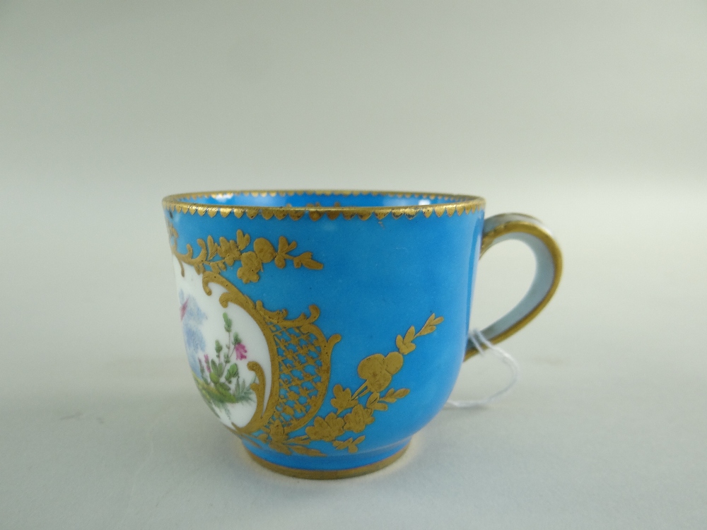 TWO SEVRES-STYLE PORCELAIN BLEU CELESTE TEA CUPS AND SAUCERS, 19th Century or later, decorated - Image 24 of 45