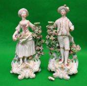 PAIR LATE 18TH CENTURY PORCELAIN CANDLESTICK FIGURES, probably Chelsea-Derby c. 1770, she holding