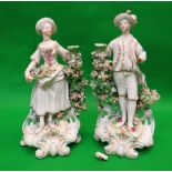 PAIR LATE 18TH CENTURY PORCELAIN CANDLESTICK FIGURES, probably Chelsea-Derby c. 1770, she holding