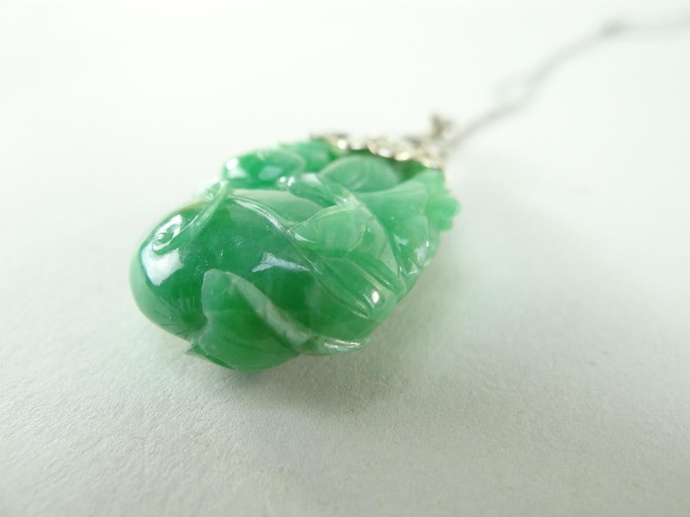 CARVED CHINESE JADEITE LEAFY GOURD PENDANT, later mounted with three rows of tiny diamonds and two - Image 10 of 16