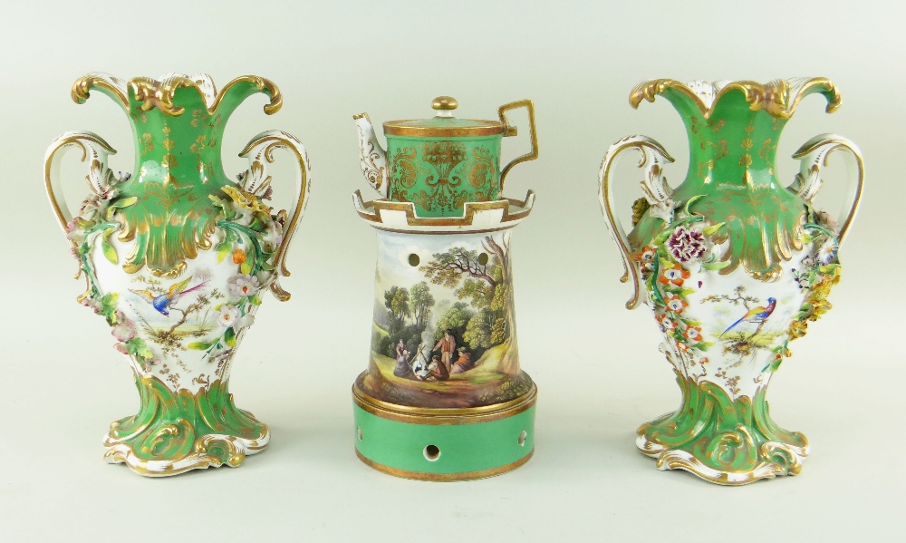 19TH CENTURY ENGLISH BONE CHINA VEILLEUSE & PAIR OF ROCOCO VASES, possibly...