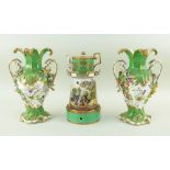 19TH CENTURY ENGLISH BONE CHINA VEILLEUSE & PAIR OF ROCOCO VASES, possibly Minton, teapot painted in