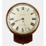 19TH CENTURY MAHOGANY & BRASS STRUNG DROP DIAL CLOCK, Wood, London, 30cms, signed and painted Roman,