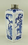 CHINESE BLUE & WHITE PORCELAIN SQUARE FLASK, 19th/20th Century, arched shoulders and countersunk