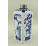 CHINESE BLUE & WHITE PORCELAIN SQUARE FLASK, 19th/20th Century, arched shoulders and countersunk