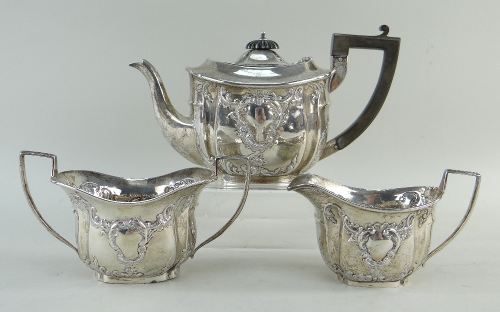 EDWARD VII SILVER THREE-PIECE BACHELORS TEA SET, Chester 1903, maker G N R H, with Rococo embossed