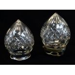PAIR OF VINTAGE HEAVY CUT CLEAR GLASS LAMP SHADES, of teardrop form, one with gilt brass mount,