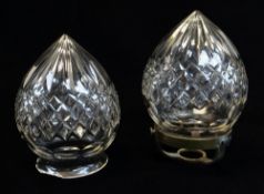 PAIR OF VINTAGE HEAVY CUT CLEAR GLASS LAMP SHADES, of teardrop form, one with gilt brass mount,