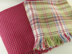 TWO VINTAGE TRADITIONAL WELSH BLANKETS, pastel pink/green plaid 226 x 180cms; and deep pink/green