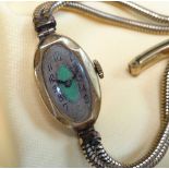 18CT GOLD LADIES WRISTWATCH, oval green guilloche enamel art deco dial engraved to reverse 'Daphne C