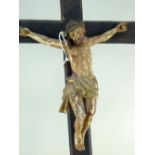 ANTIQUE CONTINENTAL CARVED WOOD CRUCIFIX, painted gesso with metal crown and thorns, stepped base,
